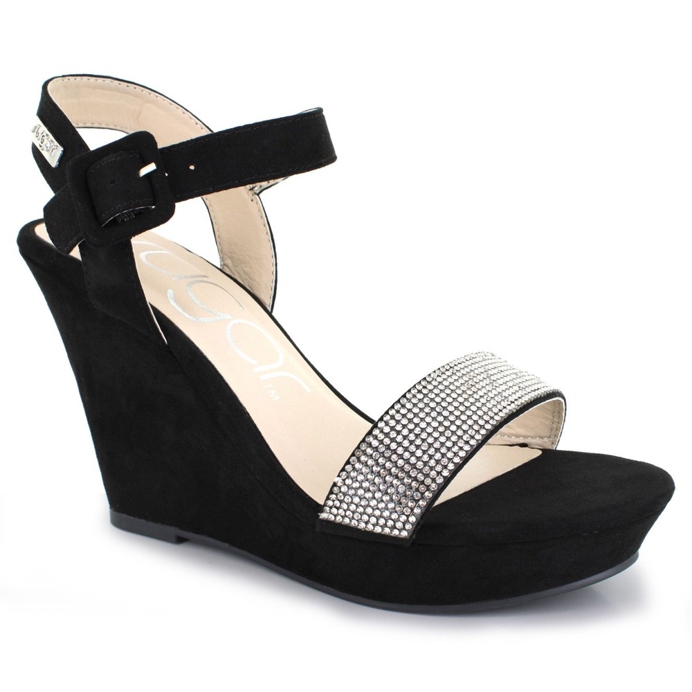 Sugar Chili Rhinestone‎ Wedge Sandals 9.5 black faux suede platform sparkle